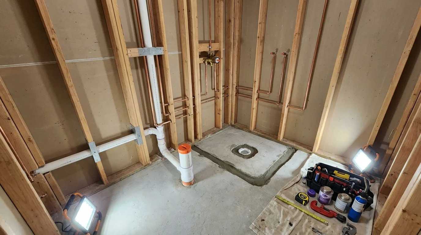 Bathroom rough-in plumbing during remodel by Johns Plumbing LLC in East Liverpool