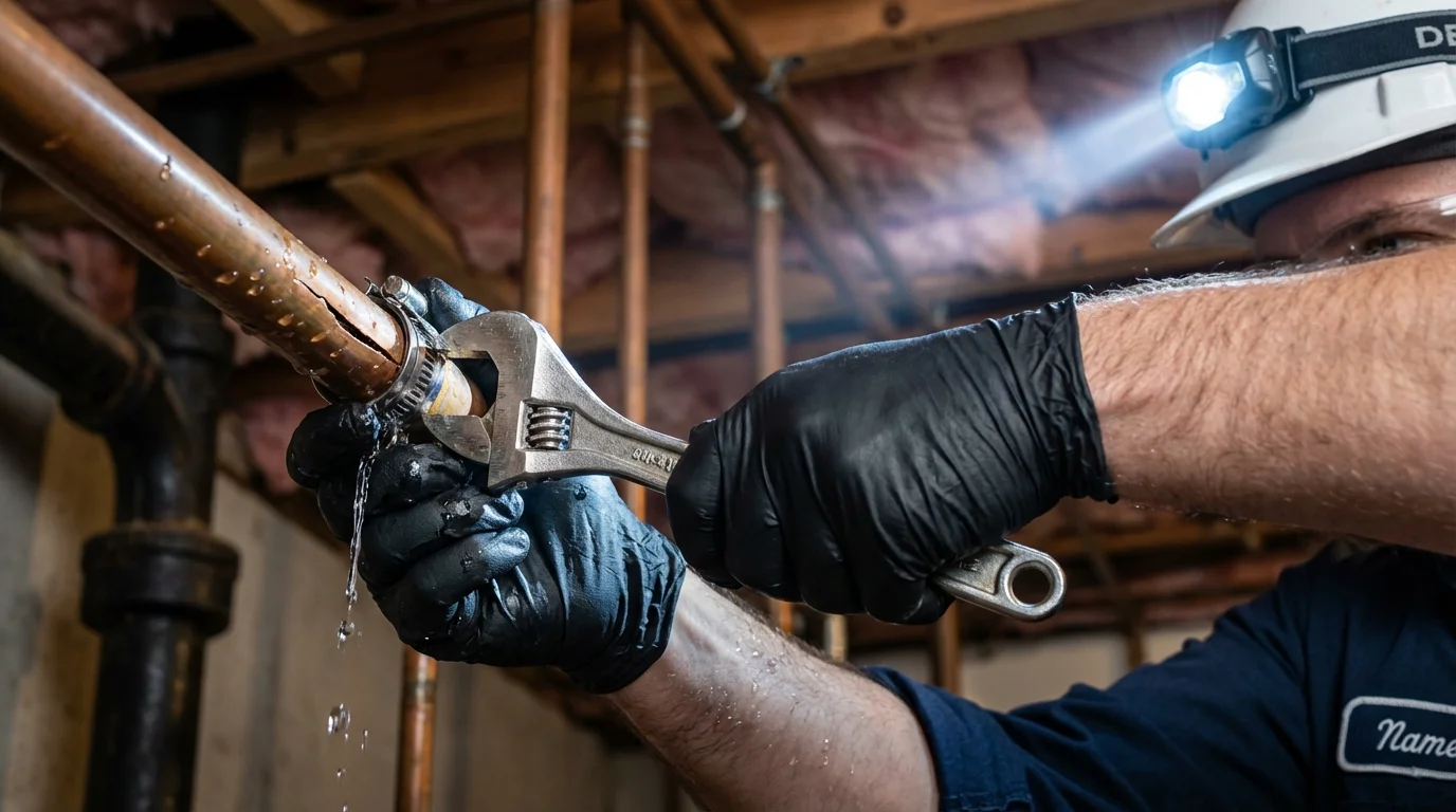 Emergency pipe clamp repair being performed by a Johns Plumbing LLC plumber in East Liverpool