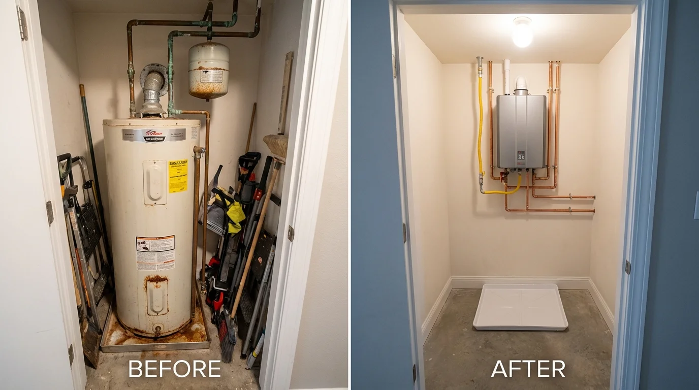 Tank water heater versus wall-mounted tankless unit comparison for East Liverpool, OH homeowners