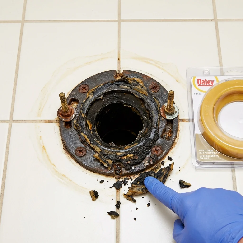 Failed wax ring showing water seepage at the base of a toilet in a East Liverpool, OH home