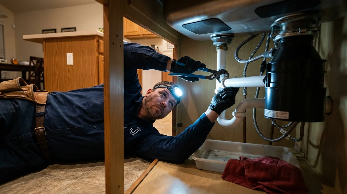 P-trap and supply line connections under a kitchen sink showing a common leak point in East Liverpool, OH